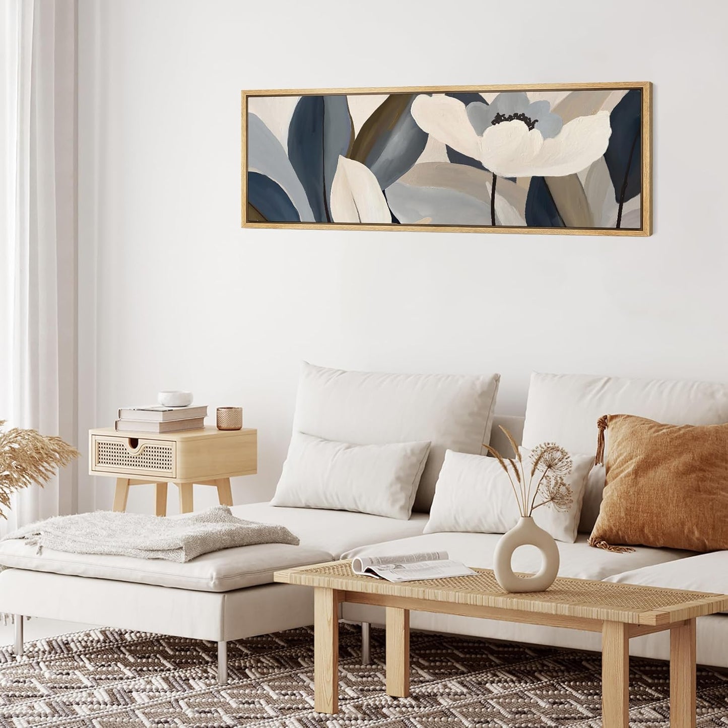 MUDECOR Large Framed Canvas Print Wall Art Neutral Toned Floral Abstract Antique Retro Fine Art Illustrations Decorative Colorful for Bedroom - 60"x20"