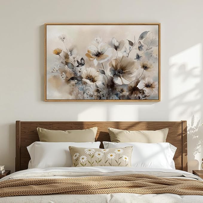 Framed Neutral Floral Wall Art, Vintage Beige Botanical Flower Canvas Artwork for Modern Farmhouse Walls, Rustic Watercolor Painting Prints for Living Room Bedroom Kitchen Dining Room, 24x36 Inch