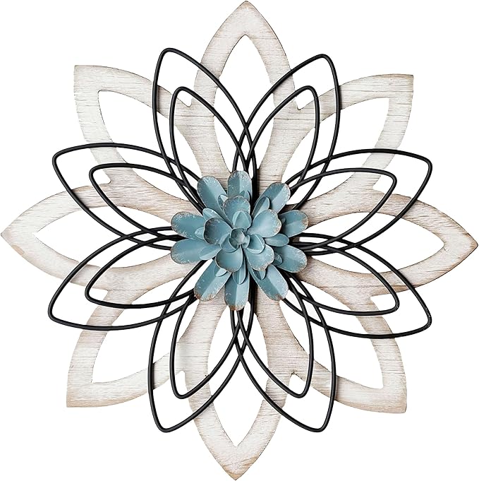 Remenna Metal Flowers Wall Decor, Metal Rustic Wall Art Decoration Farmhouse Wall Decorations Multiple Floral Hanging Decor for Bathroom Living Room Home Office Garden Kitchen (white & blue)