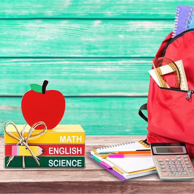 Pinkunn 4 Pcs Back to School Table Decorations Wooden Apple Prop Book Stack Decor for Classroom First Day of School Centerpiece Desktop Tiered Tray for Teacher Office Desk Shelf