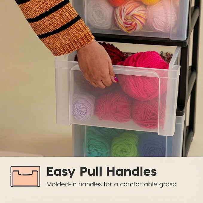 IRIS USA Plastic 3-Drawer Storage Organizer Rolling Cart, with Wheels Casters, 2-Pack, for Classroom Art Supplies Bathroom Dorm Bedroom Laundry Room, Slim Narrow, Black/Clear