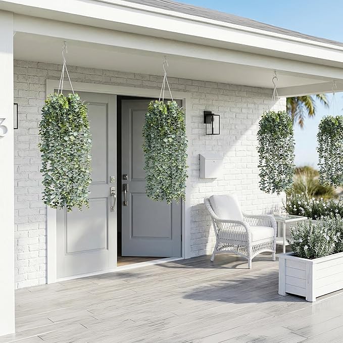 Faux Outdoor Plants Fake Hanging Plants for Outdoors Outside Decorations, 2 Pcs White Faux Eucalyptus Vines Realistic UV Resistant Artificial Greenery for Planters Porch Garden Yard Front Door Patio