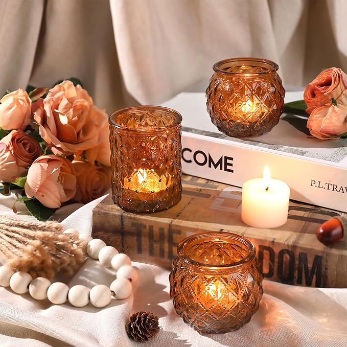 DARJEN Amber Votive Candle Holders Set of 24- Round Candle Holders Bulk, Glass Candle Holder for Vintage Decoration, Tea Lights Candle Holders for Wedding Home Party & Gift