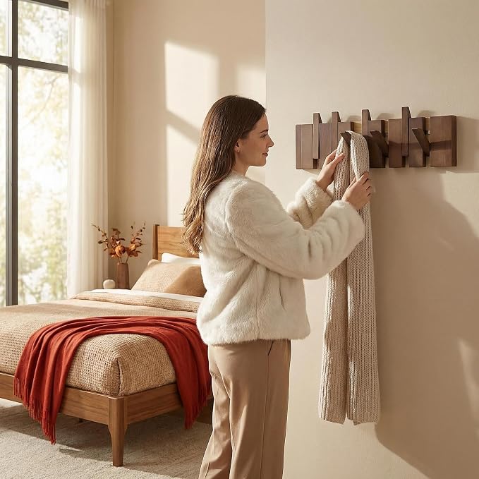 16.9" Wooden Piano Key Coat Rack Wall Mounted, 6 Hooks Natural Walnut Wall Coat Rack, Wall Mounted Coat Rack for Hanging Coats/Hats/Keys/Towels/Bags