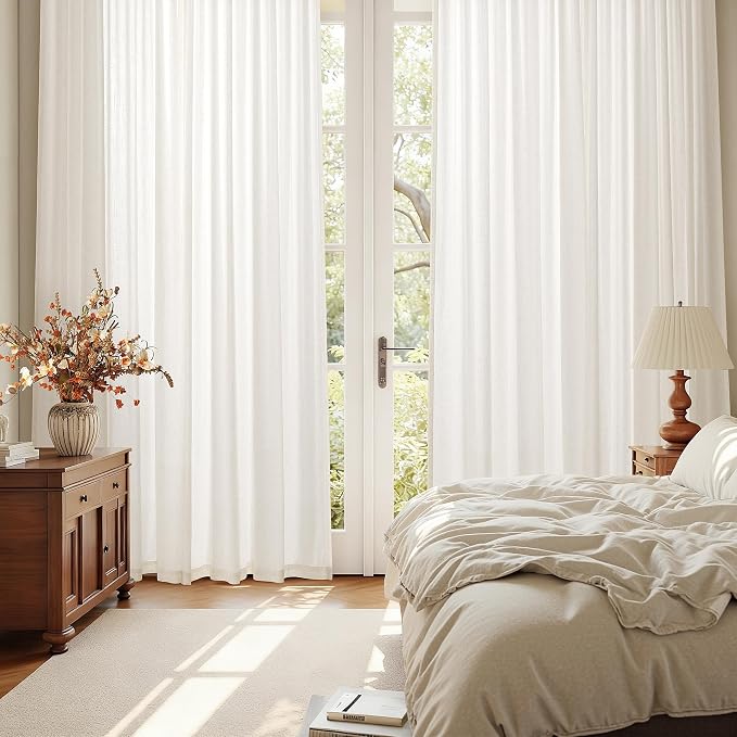 Nanspring Ivory White Linen Curtains 50 x 96 inches Long Living Room Back Tab Rod Pocket Semi Sheer Curtain Boho Privacy Light Filtering Thick Linen Drapes for Bedroom, Ivory White, Set of 2 Panels
