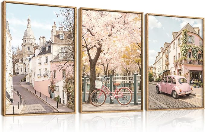 Italy Pink Cityscape Framed Canvas Wall Art Set, Romantic Flower Street Wall Decor, Vintage Travel City Wall Painting, Italian Pink Bike Art Prints for Living Room, Bedroom, Office - 16"X24"X3