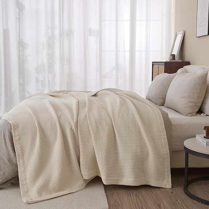 100% Cotton Taupe Blanket King Size for Bed - Breathable and Soft, Waffle Weave for Summer Spring, 102x90 Inches (Oatmeal)