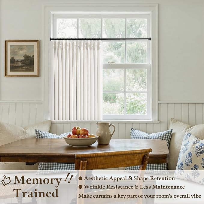 Ivory White Short Linen Curtains 36 Inch Length 2 Panels Set for Small Windows Bedroom Rustic Farmhouse Linen Light Filtering Pinch Pleated Drapes Back Tab Semi Sheer Kitchen Curtains 36 Inches Long