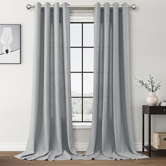 Light Grey Linen Curtains 120 Inches Long 2 Panels Sets for Living Room Grommet Semi Sheer Light Filterinig Bedroom Window Panels Neutral Tone Modern Minimalist Room DecorCurtain Drapes 52x120