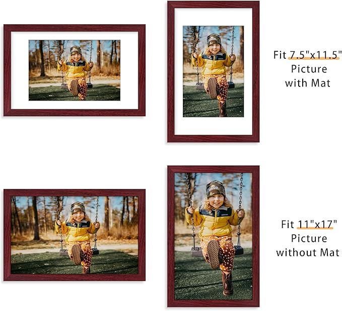 Picrit 11x17 Picture Frame Set of 12, Display 8x12 with Mat or 11x17 without Mat, Photo Frames for Wall Mounting Display, Dark Red Wood