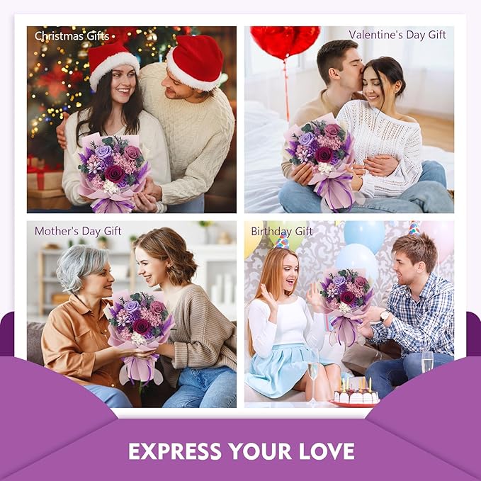 Flowers for Delivery Prime Preserved Flower Bouquet That Last 3-5 Years Real Forever Rose Bouquet for Her Women Wife Grandma Girlfriend Anniversary Birthday Mothers Day Gifts for Mom(Purple)
