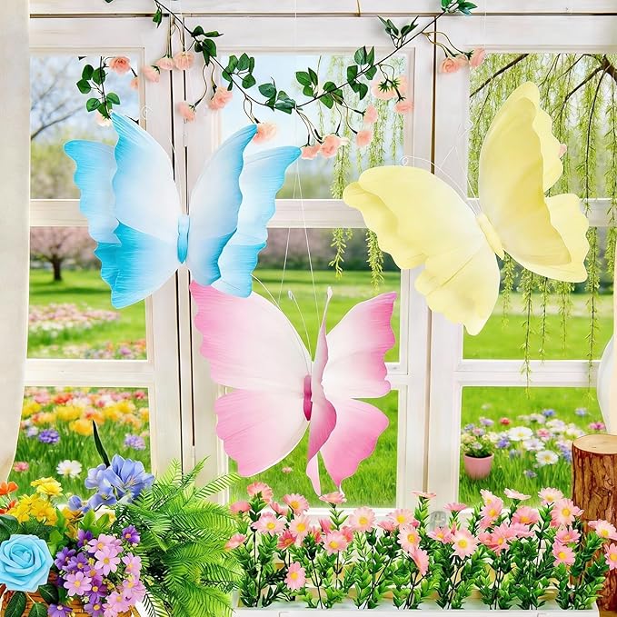 3D Hanging Butterfly Decorations, Butterfly Birthday Party Decorations, 3 Pcs Crepe Paper Butterfly with Soft Gradient Colors, Pink Blue Yellow Hanging Decor for Girls Women, Flower Party Decor