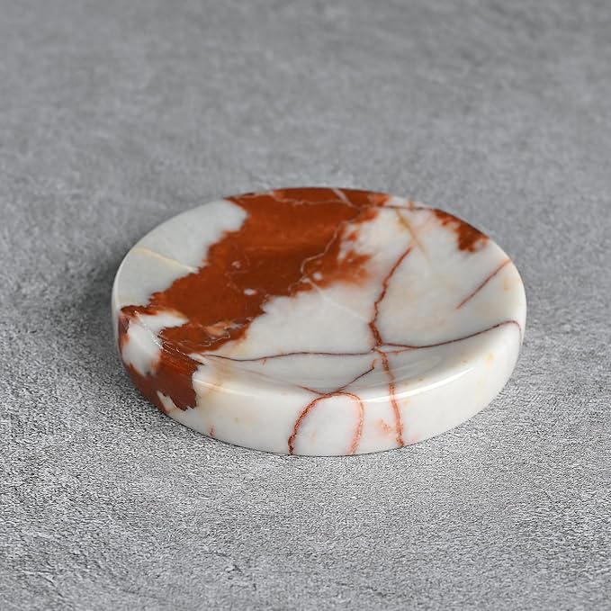 ZSHAWN Red Calacatta Viola Marble Jewelry Dish 4”, Small Trinket Tray for Rings Earrings Bracelets, Round Marble Soap Dish for Bathroom & Vanity, Decorative Catchall Dish for Home & Tabletop