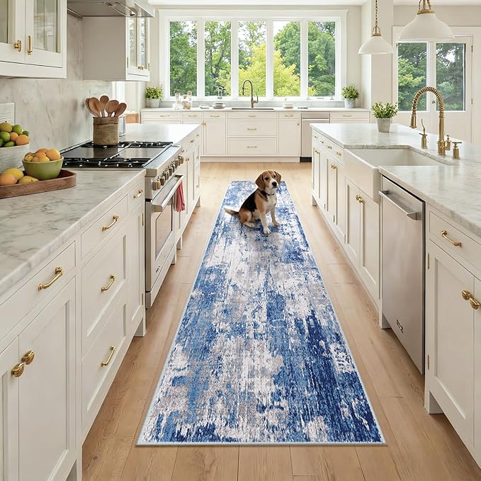 RELEANY Washable Area Rugs 2x9 Non-Slip Modern Abstract Soft for Living Room Entryway Bedroom Nursery, Print Pattern, Blue Grey Navy Gray