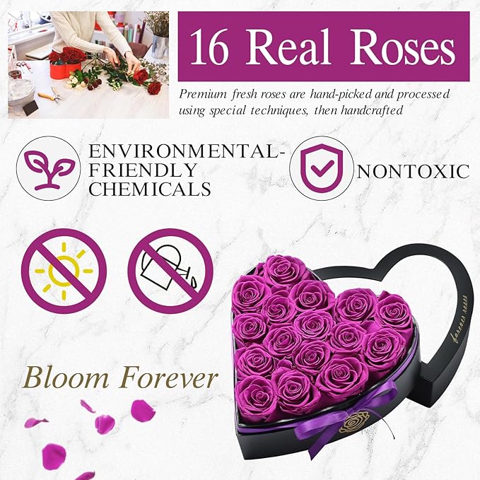 HERBMOTG 16 Forever Real Roses in Heart-Shaped Box with a Curved Design, Grade A Quality-Preserved Roses for Birthday, Mothers Day & Valentines Day (Purple)