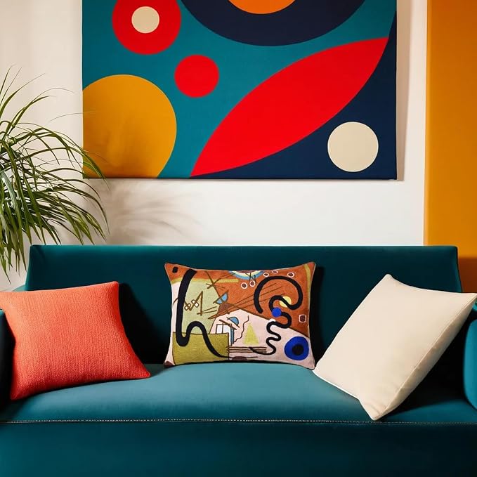 Lumbar Kandinsky Modern Pillow Cover Lyrical Mid-Century Chair Cushions Brown Abstract Pillowcase Contemporary Couch Pillowsham Sofa Hand Embroidered Wool Size 14x20