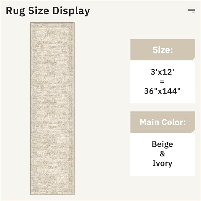 Soalmost Runner Rug 3x12 Washable Non-Slip Hallway Runner Rugs for Kitchen Bathroom Laundry Room Beige Vintage Floor Carpet Runners for Hallways Entryway