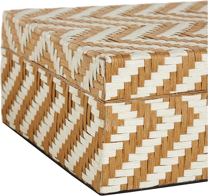 Deco 79 Paper Geometric Handmade Decorative Box Woven Zig Zag Storage Decorative Keepsake Box with Cream Accents, Set of 2 Storage Box 12", 8"W, Brown