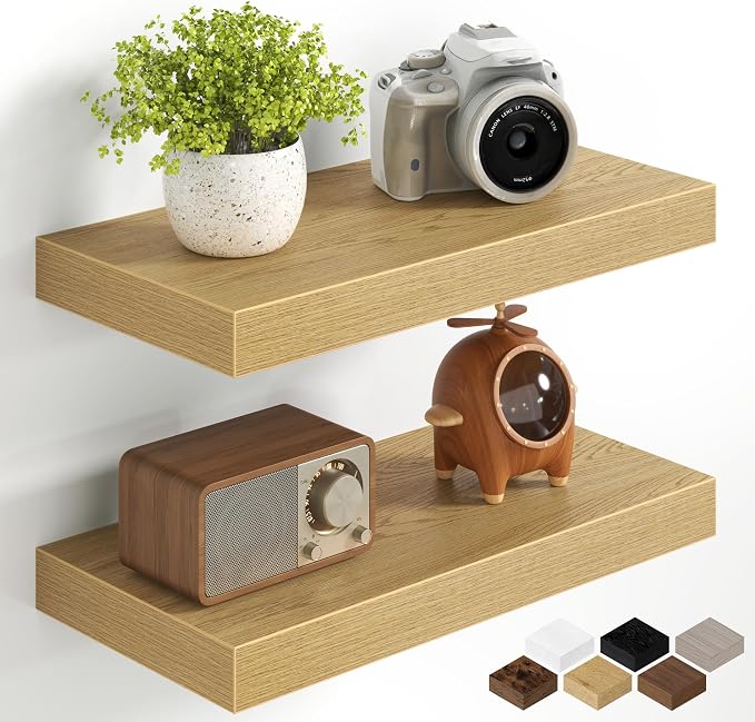 Fun Memories 16Inch Floating Shelves for Wall, 8 Inch Deep Shelves for Bathroom|Bedroom|Kitchen Wall Mounted, Wood Hanging Shelf with Invisible Brackets for Home Storage Decor, Oak - 2 Pack