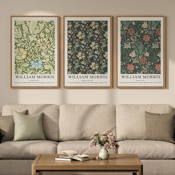 Large Framed William Morris Green Wall Art Set of 3, Vintage Floral Canvas Picture Paintings for Walls, Rustic Botanical Floral Artwork Prints for Living Room, Bedroom, Dining Room, Hallway, Office Wall Decor, Total Size 30x60 In