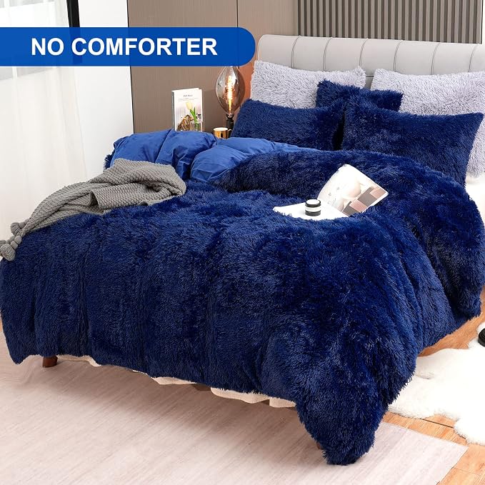 Fluffy Plush Duvet Cover Set King Size, Luxury Ultra Soft Velvet Fuzzy Comforter Cover Bed Sets 4Pcs(1 Faux Fur Duvet Cover + 2 Pillow Cases + 1 Pillow Cover) Zipper Closure (King, Navy Blue)