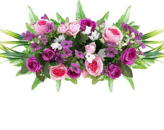 Artificial Cemetery Flowers with Stake: 1Pc Purple Roses Pink Peonies Realistic Memorial Day Grave Flowers for Cemetery - Outdoor Grave Decorations Funeral Arrangements