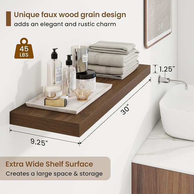 30in Floating Shelves for Wall, 30"W x 9.25"D x 1.25"H, 2 Pack Long Wall Mounted Engineered Wood Shelves with Invisible Brackets for Living Room, Bedroom, Bathroom, Kitchen Decor and Storage, Walnut