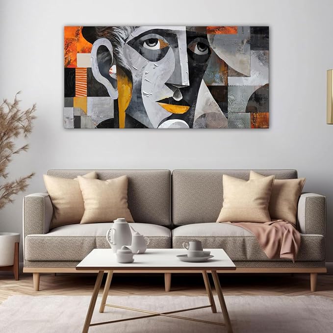 YDYSUNE Abstract Wall Art - geometric male portrait picture cubism Modern painting,face art canvas wall decor,grey artwork for living room,office Ready to Hang 20×40INCHS