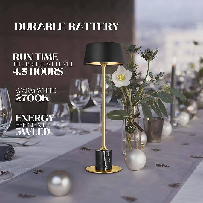 Cordless Table Lamp Set of 2, Rechargeable and Battery Operated, Powered by 2000mAh Battery, 18-Hour Run Time, Dimmable,Black and Gold Lamp for Bedroom, Kitchen,Restaurant, Buffet and Cafe