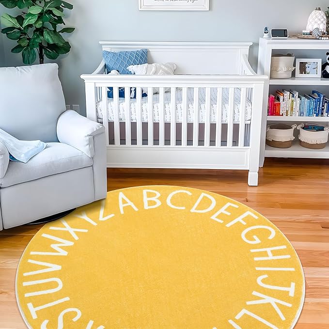 Topotdor Round Kids Play Rug Alphabet Nursery Area Rug Extra Large Soft Crawling Play Mat for Children Toddlers Bedroom (71 inch, Yellow)