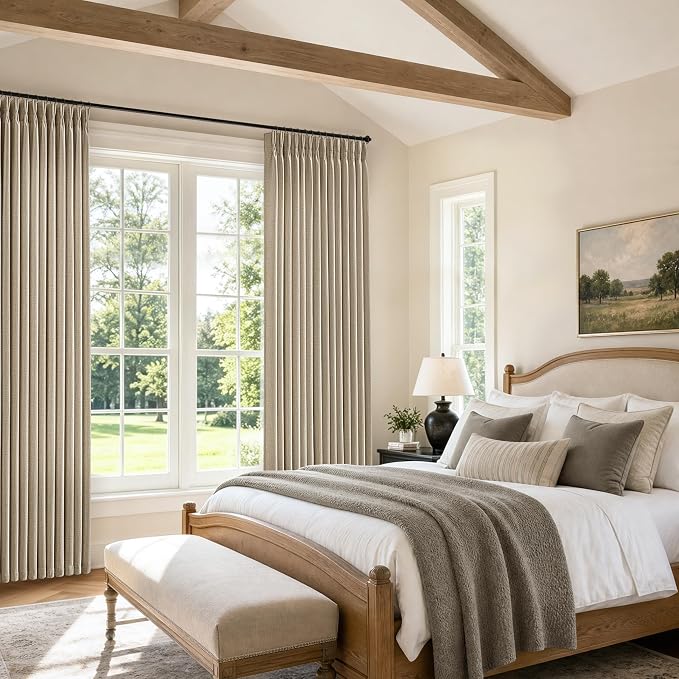 Pinch Pleated Burlywood Birch Linen Curtains 86 Inch Long Taupe Greige Light Filtering Flax Linen Blend Window Curtains for Living Dining Room Back Tab Semi Sheer Neutral Drapes 2 Panels 40x86