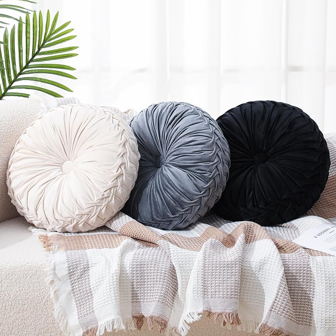 Drydiet 3 Pcs Round Throw Velvet Pillows Decorative Pleated Throw Pillows Diameter Accent Pumpkin Boho Chair Cushion for Couch Sofa Home Decoration (Black,White,Gray,15'')
