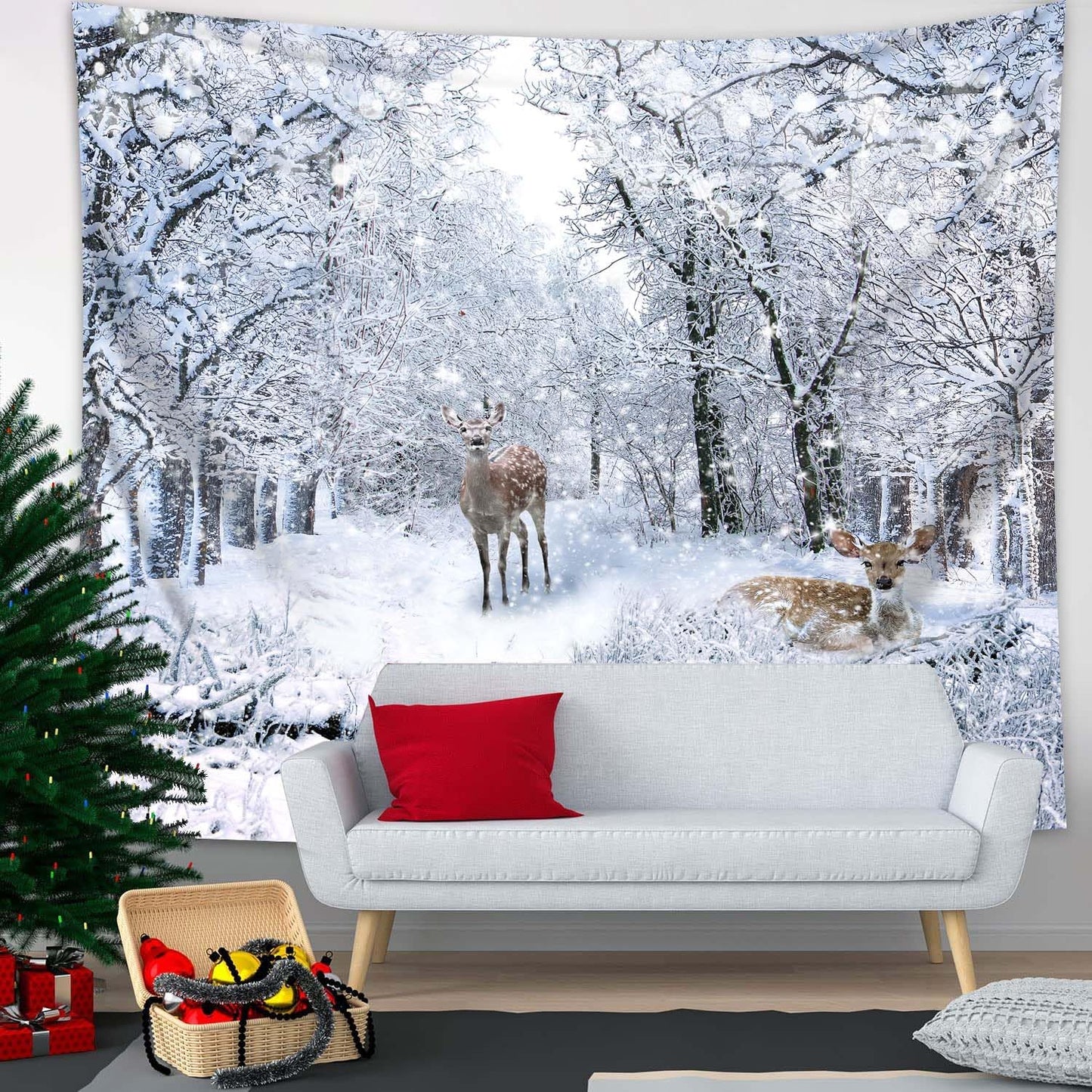 QGHOT Winter Tapestry Wall Hanging, Snow Scene Backdrop Winter Wonderland Wall Decor Snowy Forest Wall Art Nature Woodland Deer Tapestry for Bedroom Room Dorm Party Decoration, Extra Large