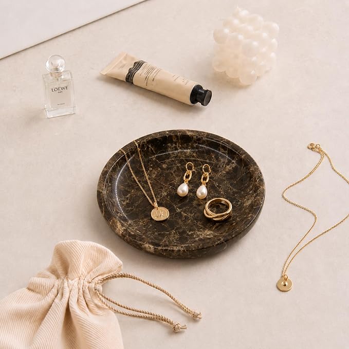 Small Natural Marble Jewelry Tray Key Plate Holder Dish Trinket Decor Catch All Bowl for Ring Earring Stone Gift for Women Daugther,Dark Brown,5.5"