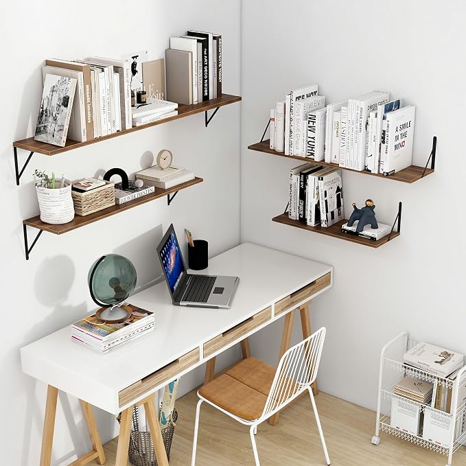 Vivelove 8 Inch Deep Floating Shelves for Wall, 24W x 8D Wood Wall Shelves Set of 2, Walnut Wide Floating Bookshelf for Living Room, Kitchen, Office, Bedroom, with Black Metal Bracke - Walnut