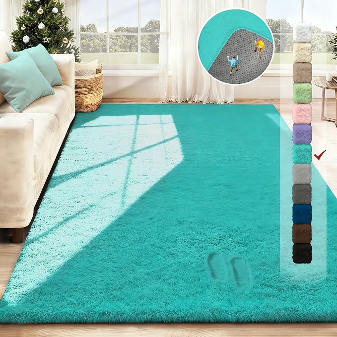 5x7 Area Rug for Living Room: Fluffy Shag Soft Washable Rugs Fuzzy Plush Indoor Carpet for Bedroom Nursery Playroom Dorm Kids Girls Boys Room (Teal Blue, 5'x7')