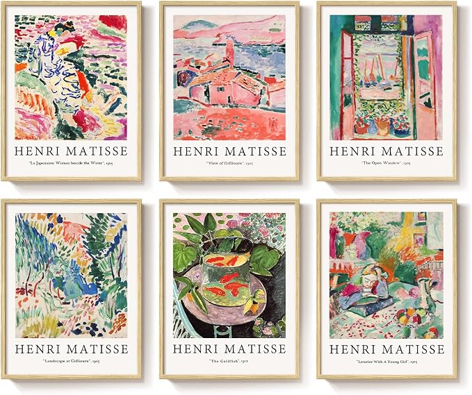Framed Matisse Wall Art for Living Room, 6 Pieces Abstract Colorful Canvas Artwork for Walls, Henri Matisse Vintage Boho Landscape Pictures for Bedroom, Dining Room, Hallway, Home Office Decor 11x14