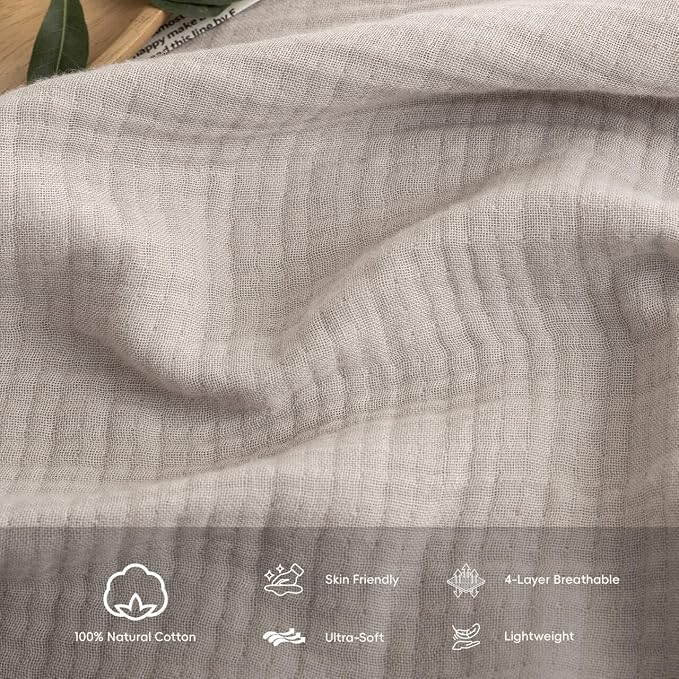 FOSSA Muslin Blanket 4-Layer 100% Cotton Gauze Blanket with Fringe 90"x90" | Super Soft Breathable Lightweight All Season & Decorative Blanket or Bed, Sofa, Office (Beige Gray, Queen)