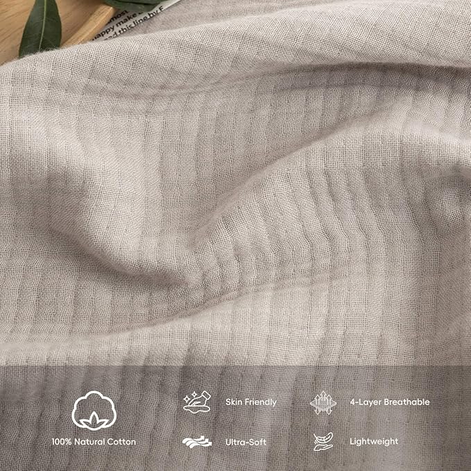 FOSSA Muslin Blanket 4-Layer 100% Cotton Gauze Blanket with Fringe 108"x98" | Super Soft Breathable Lightweight All Season & Decorative Blanket or Bed, Sofa, Office (Beige Gray,Super King)