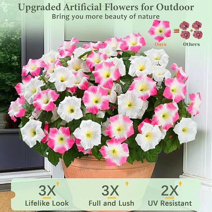MARTINE MALL Artificial Flowers for Outdoors, 4 Bundles Realistic Fake Outdoor Flowers, UV Resistant Silk Petunia Flower for Outside Look Real Faux Flower Plants for Outdoor Porch Decor, Pink White