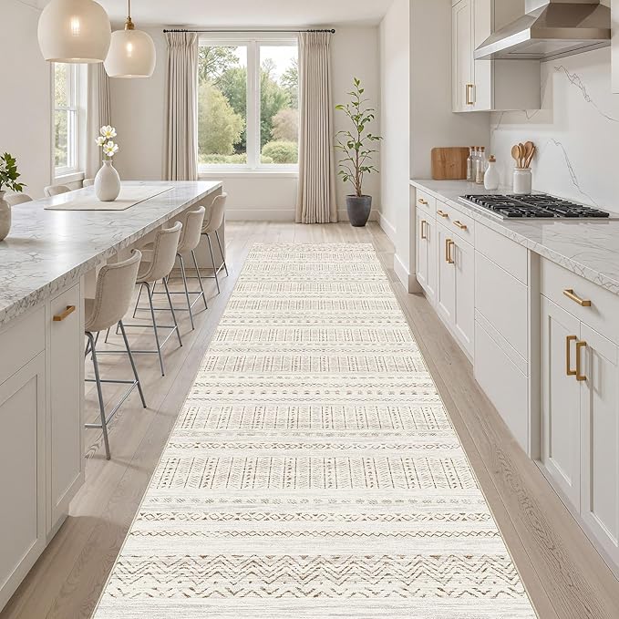 cotiled Hallway 2.6x10 Runner Rugs: Washable Boho Rugs with Non Slip Backing Large Soft Indoor Stain Resistant Carpet for Living Room Bedroom Farmhouse Dining Room Lightweight Home Decor Brown/Cream