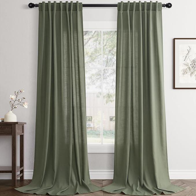 Jowels Olive Green Linen Curtains 106 Inch Long 2 Panels for Living Room | Loden Light Filtering Semi Sheer Curtain, Back Tab Pocket Pleated Look,Farmhouse Textured Privacy Drapes for Bedroom Window