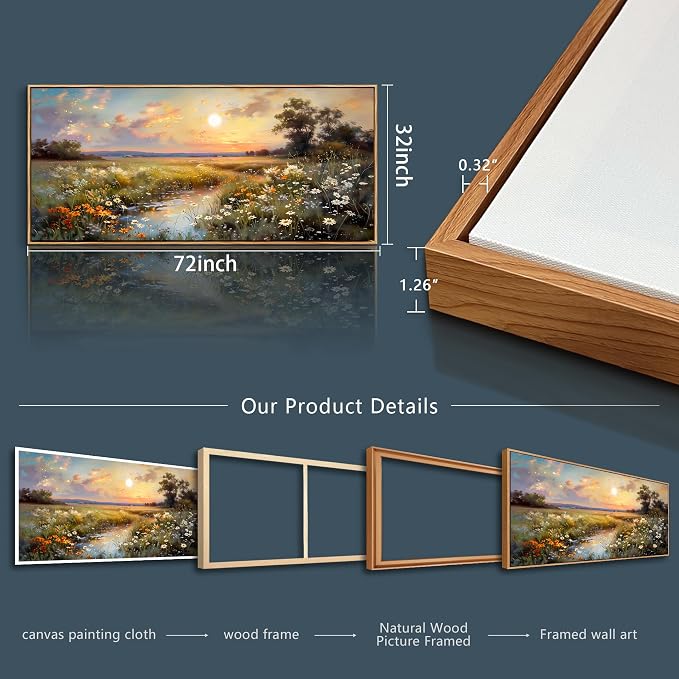 hyidecorart Large Framed Wall Art, Landscape Wall Art, Nature Wall Decor, Wildflowers Scenery Painting Prints, French Country Pictures for Living Room Bedroom Modern Farmhouse Decorations 32x72 In