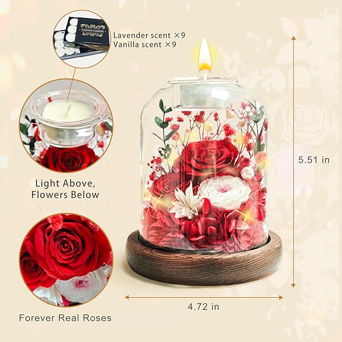 Gifts for Mom, Preserved Rose Flowers in Glass Dome, Forever Flowers for Delivery, Eternal Rose, Birthday Gifts for Women, Mothers Day for Grandma, Wife, Daughter, Anniversary(Red)