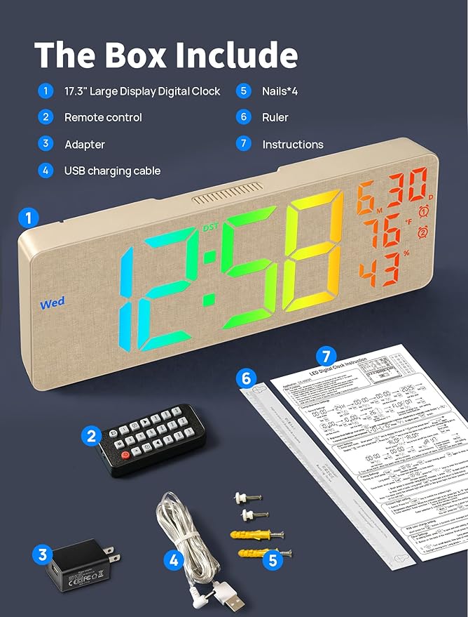 MASHI 2026 Upgrade 17.3" Large Digital Wall Mount Clock, Digital Clock with Remote Control, Alarm, Big LED, RGB Color, DST, Temperature for Living Room,Classroom, Bedroom, Decor (Beige)