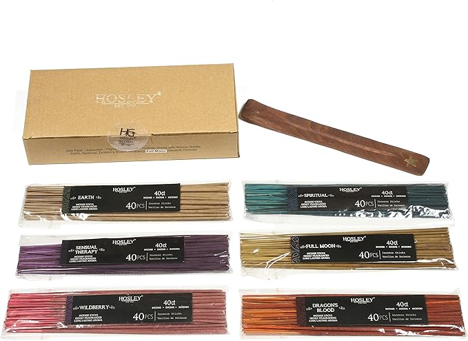 Hosley 120 Pack Incense Sticks + Bonus 120 Pack (Total 240) – Dragon's Blood, Earth, Full Moon, Sensual Therapy, Spiritual, Wildberry – Bulk Pack Perfect for Home, Meditation & Aromatherapy