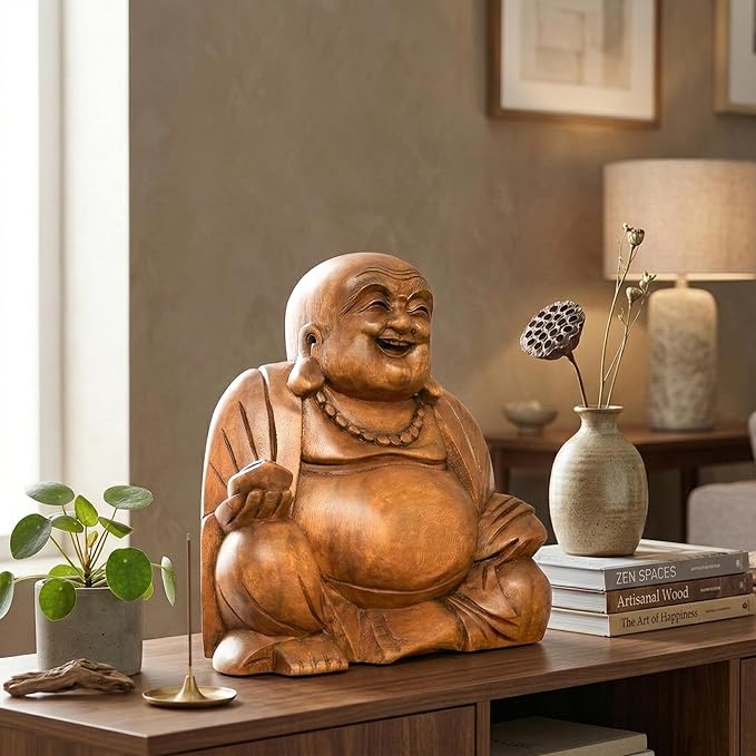 G6 Collection 12" Wooden Laughing Happy Buddha Statue Hand Carved Smiling Sitting Sculpture Handmade Figurine Decorative Home Decor Accent Rustic Handcrafted Art Decoration Happy Buddha (Large)