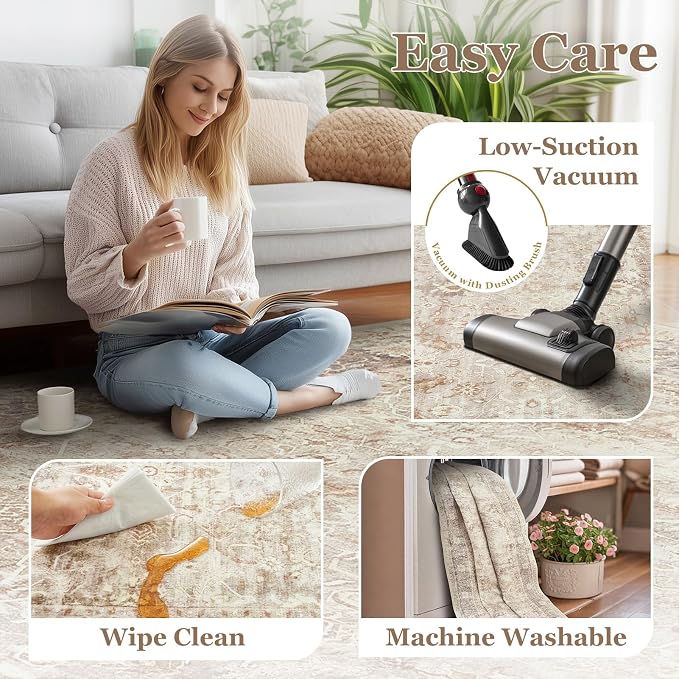 Neutral Beige 5x7 Area Rugs for Living Room Bedroom, Washable Non Slip Low Pile Thin Soft Carpet Rugs for Dining Room/Kitchen/Home Office/Nursery, Vintage Earth Tone Rug with Decorative Fringe