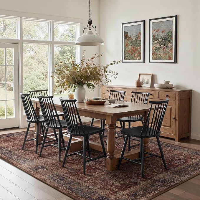 Living Room Rugs 6x8, Vintage Farmhouse Area Rugs for Bedroom Dining Room, Washable Non Slip Low Pile Thin Carpet Rug for Guest Room Home Office, Distressed Earth Tone Brick Red