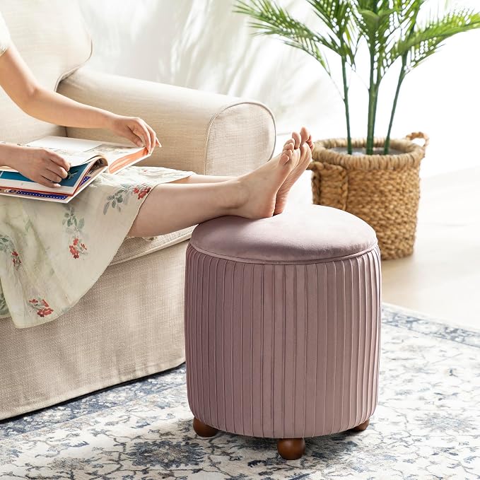 Glitzhome Round Ottoman with Storage, Pleated Velvet Small Foot Stool, Modern Accent Stool Upholstered Vanity Stool with Rubberwood Ball Feet for Bedroom Living Room Dorm Room, Dusty Pink